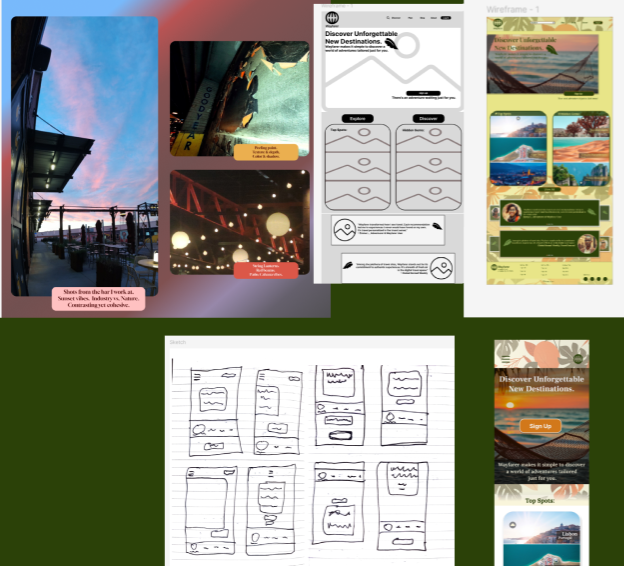 Mood research, sketches, and wireframe process board