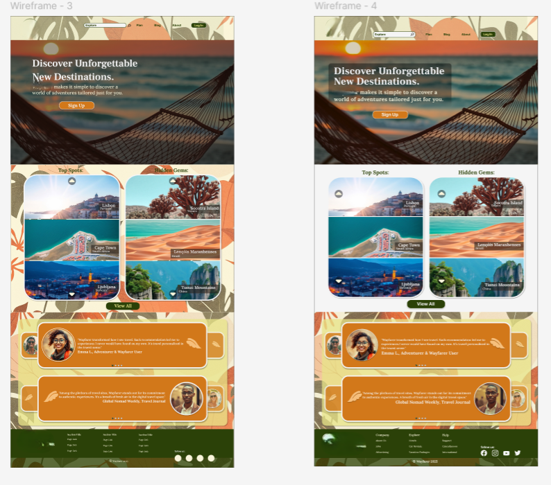 Design iterations — wireframe 3 and wireframe 4